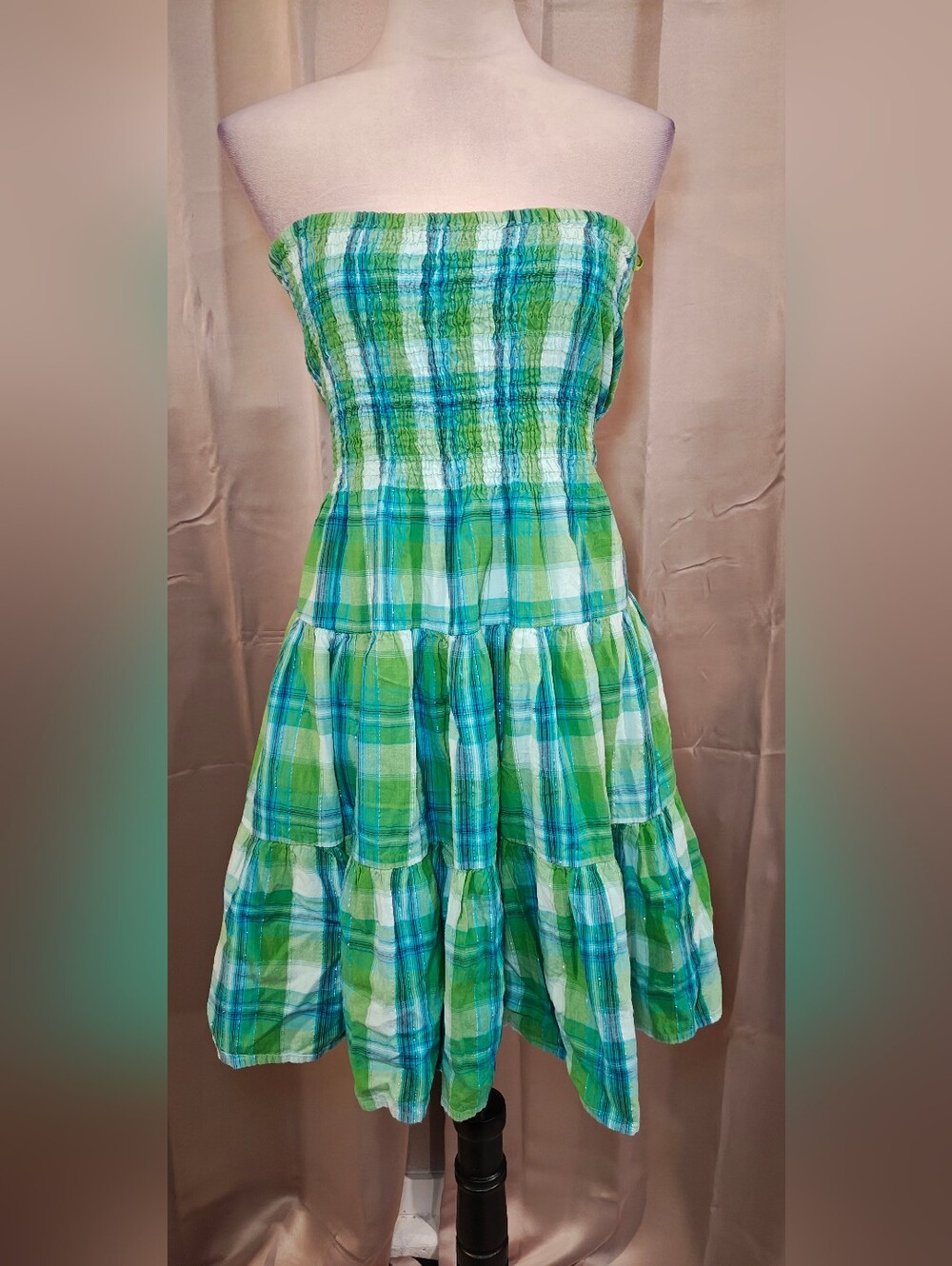💚🩵Y2K Speed Control NY Smocked Plaid Tiered Strapless Sundress🩵💚
